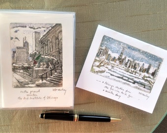 Winter Chicago Greeting Cards, 8 card set, two images per set, Chicago Winter skyline Lincoln Park Zoo and The Art Institute Lion in Winter
