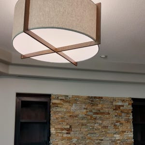 Custom 36 inch large drum pendant light fixture with wood detailing