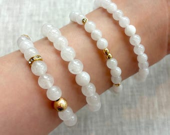 Bracelet en jade blanc, bijoux en or extensible pour femme, bracelets de perles empilables, cadeau pour elle, longueur personnalisée, bracelet, bijoux en pierres précieuses naturelles