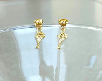 Cocktail Party Earrings Gold Martini Charm Jewelry Dainty Minimalist Bachelorette Party Gift for Her 21st Birthday Party Favors