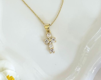 Gold Cross Necklace for Women Spiritual Gift Idea Christian Faith Jewelry Religious Cross Pendant Charm Baptism Confirmation Catholic Gift