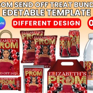 Prom Send Off Treat, Prom Packaging Template Bundle, Glitter Red & Black Prom Treats, Canva Party Bundle, Custom Water Labels, Chip Bag