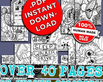 Spooky Halloween Printable Coloring Pages - Instant Download Adult & Kids Art Sheets