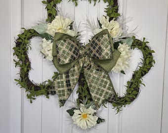 Green and Gold Floral Shamrock Wreath with Glitter Ribbon - Home Décor