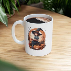 Retro Witch Little Girl Halloween Coffee Mug, Customized Halloween Pumpkin Cup, Personalized Gift for Halloween Lover, Ceramic Tea Mug