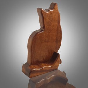 Handcrafted Bubinga Wood Cat Statue: Artistic Feline Sculpture (5.75&quot;W x 8.5&quot;H Approximate)