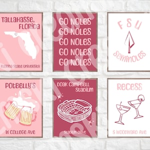 Arte digital de pared de la Universidad Estatal de Florida / Impresión digital de la FSU / Regalos universitarios / Pósteres universitarios de moda / Juego de 6