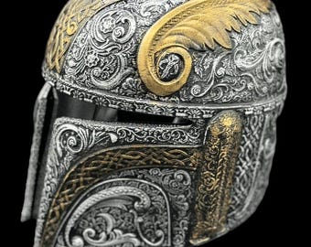 Engraved Mandalorian Helmet | Custom Painted Cosplay Helmet | Ornate Mando Armor | Gilded, Silver, or Bronze Finish