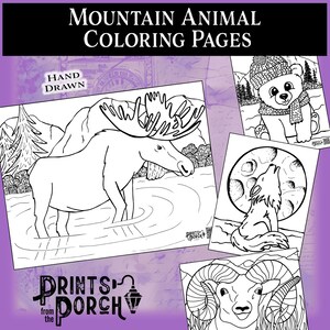 Coloring Page – Unique Hand Drawn Illustrations - Moose - Big Horn Sheep - Cute Bear - Howling Wolf Printable Coloring Sheets