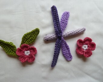 Crochet Pattern Set for Dragonfly and Rose and Rose Leaf - perfect for brooches, nature tables or Summer Wreaths and Decor