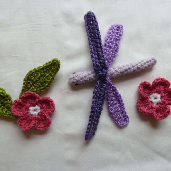 Crochet Pattern Set for Dragonfly and Rose and Rose Leaf - perfect for brooches, nature tables or Summer Wreaths and Decor