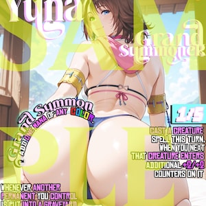 May include: A fantasy art card featuring a female character named Yuna, a Legendary Creature Human Cleric. The card has a colorful design with text that includes "Grand Summoner" and game mechanics. The card is from the MTG set.