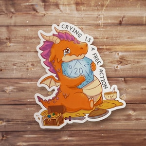 Crying is a Free Action Sticker, Dragon, Funny DND Decal, TTRPG Gamer Art, Cute Fantasy Vinyl, Laptop Water Bottle Decor