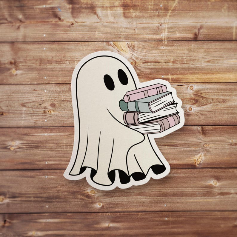 May include: A white ghost holding a stack of books with pink, green, and blue covers. The ghost has two black eyes and a white sheet.