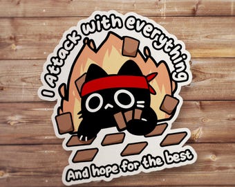 Pegatina "Ataco con todo", calcomanía divertida para juegos de cartas coleccionables, regalo para jugadores de Black Cat, parodia de juegos de mesa, decoración de vinilo para portátil o botella de agua
