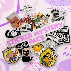 May include: A sticker pack with a variety of designs, including a cat with a fire hat, a dog with a cup of coffee, a frog, a sun, and a ghost. The pack is labeled "Sticker Mystery Pack".