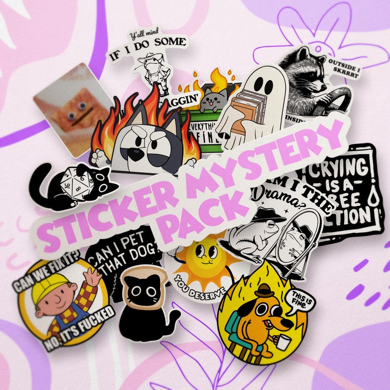 May include: A sticker pack with a variety of designs, including a cat with a fire hat, a dog with a cup of coffee, a frog, a sun, and a ghost. The pack is labeled "Sticker Mystery Pack".