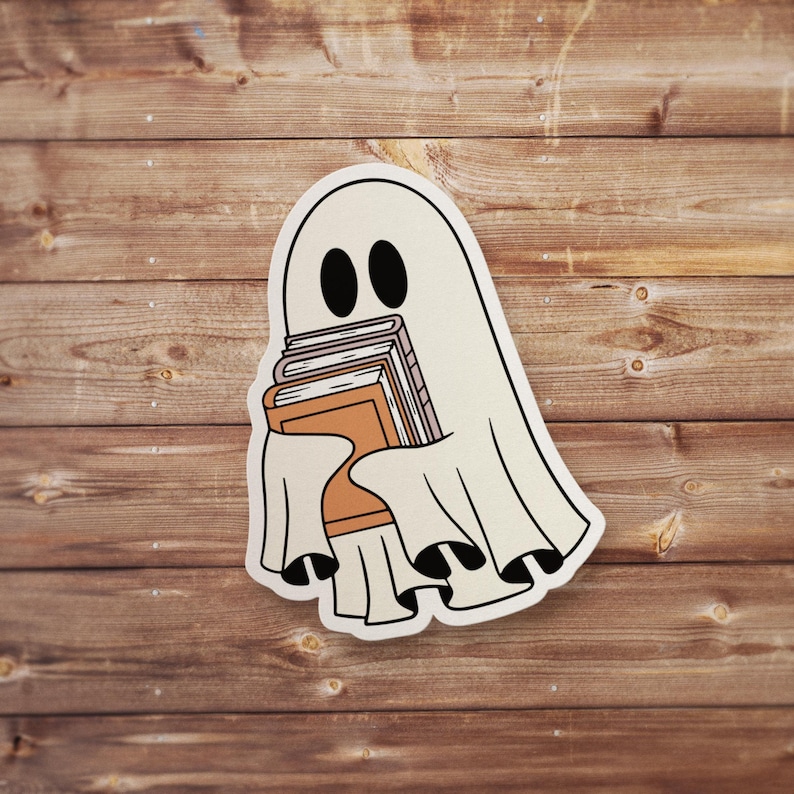 May include: A white ghost holding a stack of books. The ghost has two black eyes and a white sheet-like body. The books are brown and have white pages.