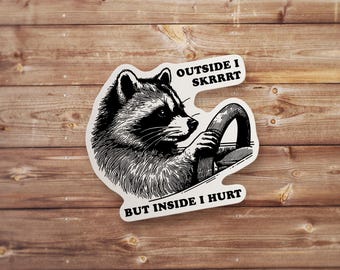 May include: Black and white illustration of a raccoon driving a car with the text "Outside I Skrrrt But Inside I Hurt".
