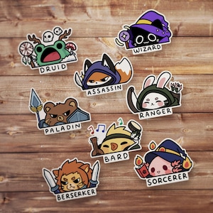 May include: Nine colorful stickers featuring cartoon animals representing different Dungeons and Dragons character classes. The stickers feature a druid, assassin, ranger, paladin, bard, sorcerer, and berserker.