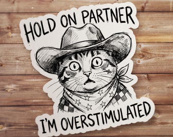 Adesivo gatto cowboy iperstimolato, divertente decalcomania animale western, regalo neurospicy, arte estetica ansiosa, vinile per borraccia da laptop