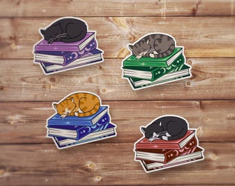 Sleeping Cat on Books Sticker Pack, 4 Cute Bibliophile Poses, Bookish Gift for Readers, Calico Ginger Black Cat Vinyl Decal, Kindle Decor
