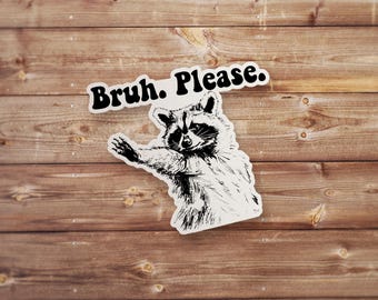 Puede incluir: Una pegatina con un mapache y el texto "Bruh. Please." impreso en negro sobre un fondo blanco.