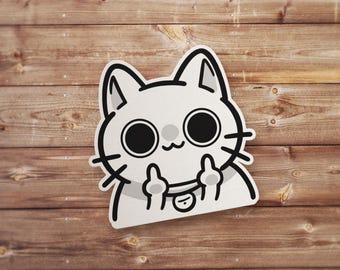 Ilustración de pegatina de gato con dedo medio con divertido humor negro y diseño minimalista monocromático para portátiles, vasos y tazas.