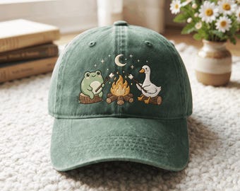 Embroidered Frog and Goose Campfire Baseball Cap, Camping Dad Hat, Cozy Forest Animal Gift Hat, Funny Nature Lover Hat