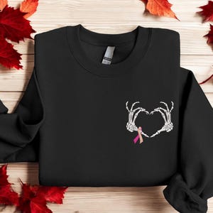 Embroidered Skeleton Hand Heart Sweatshirt, Breast Cancer Awareness