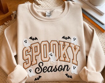 Embroidered Spooky Season Sweatshirt, Halloween Crewneck Sweater
