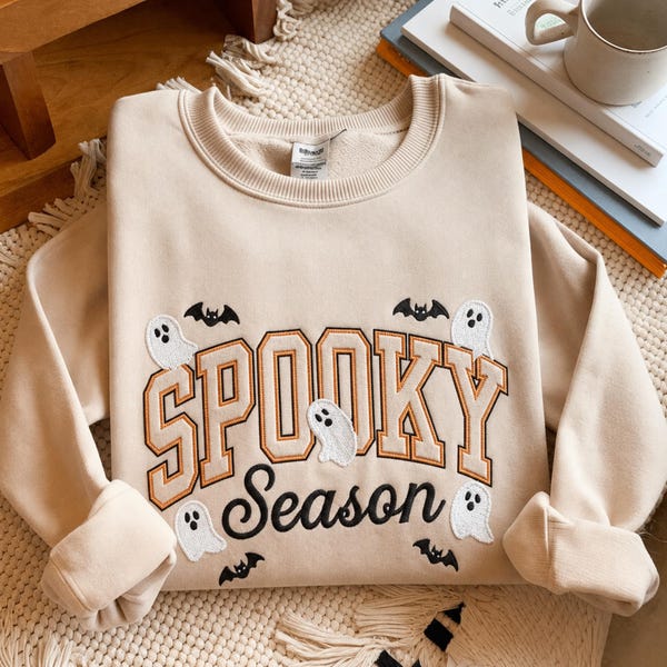 Embroidered Spooky Season Sweatshirt, Halloween Crewneck Sweater