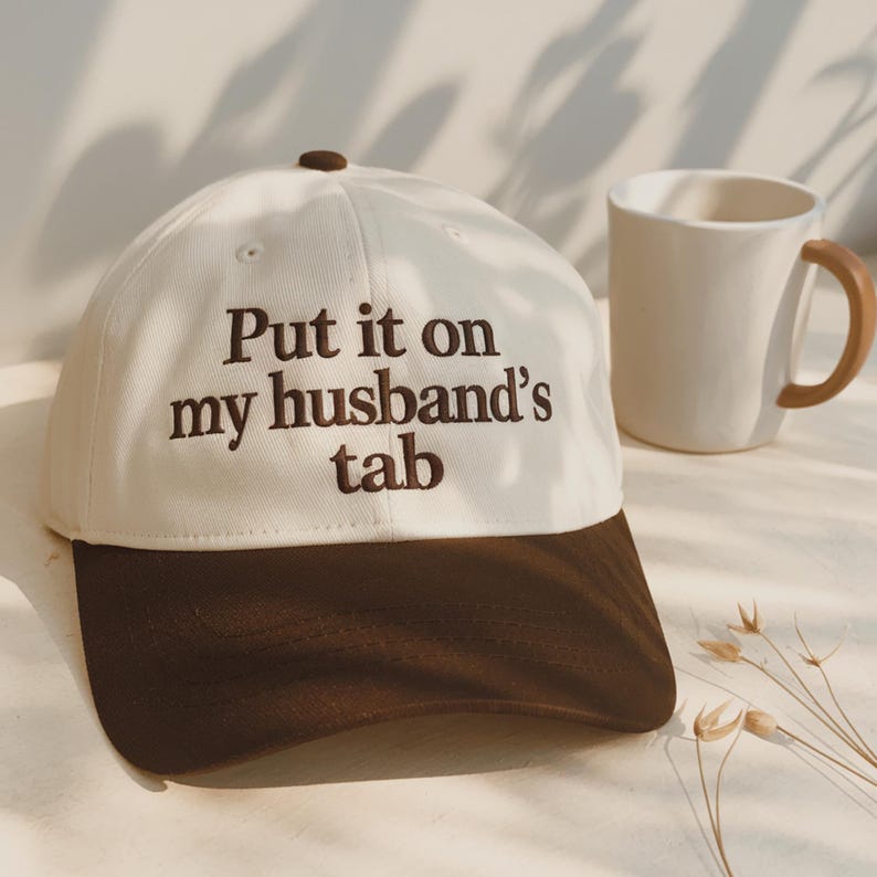 Embroidered Put it on my husbands tab Hat | 5 Panel Two Tone Hat | Snapback Trendy Hat | Sarcastic Gift for Wife | Funny Women's Trucker Hat