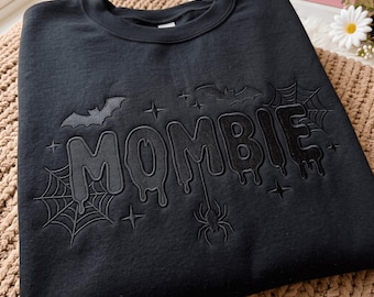 Mombie Halloween Embroidery Sweatshirt, Spooky Mama Spiders And Bats shirt, Halloween Bat Style Gifts