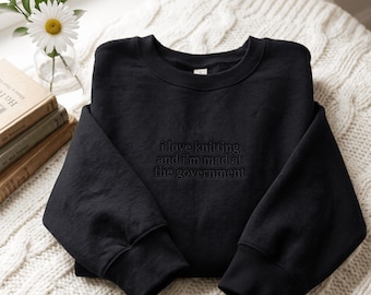 Embroidered Knitting Sweatshirt: Tone-on-Tone Protest Quote (65% Cotton)