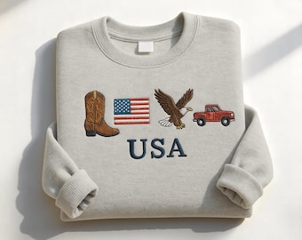 USA Embroidered Icons Crewneck Sweatshirt, Country Western Style