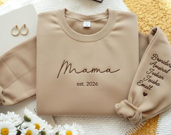 Personalized Embroidered Mama Sweatshirt, Kid Names on Sleeve
