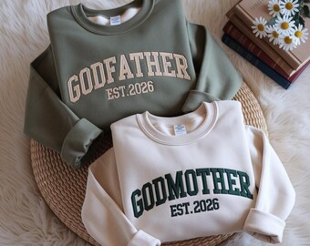 Custom Godmother & Godfather Embroidered Sweatshirt: Personalized Est Date Godparents Shirts, Godchild Name on Sleeve