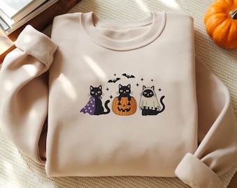 Embroidered Halloween Cat Sweatshirt, Pumpkin Fall Crewneck