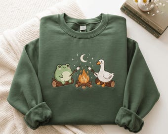 Embroidered Frog and Goose Campfire Sweatshirt, Camping Dad shirt, Cozy Forest Animal Gift shirt, Funny Nature Lover shirt