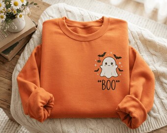 Halloween Pocket Tee Embroidery Sweatshirt, Boo Ghost shirt