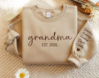 Personalized Embroidered Grandma Sweatshirt, Grandkids Names Sleeve, Est Year
