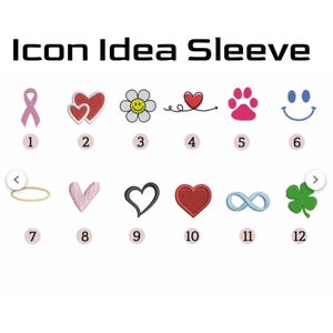 May include: A grid of twelve different icons, including a pink ribbon, two hearts, a daisy, a heart with an arrow, a paw print, a smiley face, a halo, a pink heart, a black heart, a red heart, an infinity symbol, and a four-leaf clover.