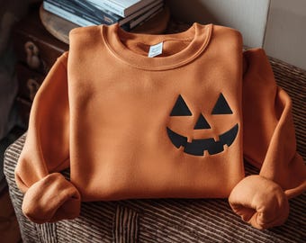Halloween Pumpkin Face Crewneck Sweatshirt, Embroidered Jackolantern Crewneck, Spooky Season Sweater, Trendy Fall shirt