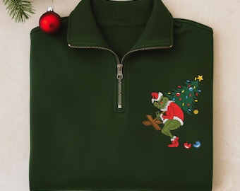 Embroidered Christmas Quarter Zip Sweatshirt, Funny Whoville Gift