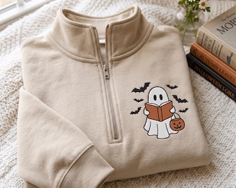 Embroidered Ghost Reader Halloween Sweatshirt, Book Lover Quarter Zip Pullover
