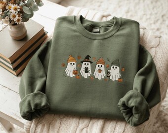 Halloween Ghosts Embroidered Sweatshirt, Cozy Fall Tees,  Autumn Shirt