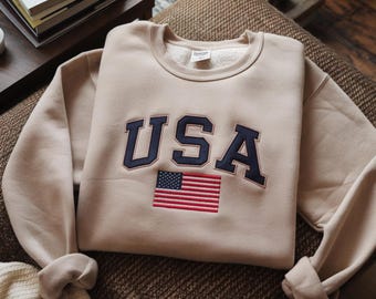 Embroidered USA Flag Sweatshirt, Patriotic Crewneck