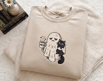 Funny Halloween Ghost Cat Embroidered Sweatshirt , Meh Coffee Spooky Sublimation shirt, Introvert Black Cat Shirt