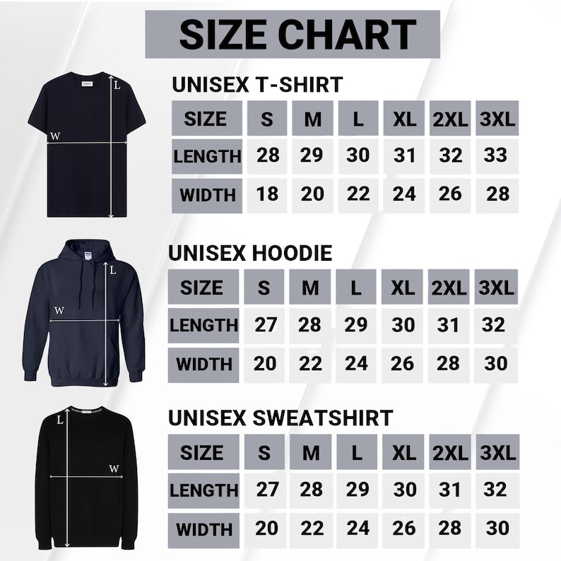 May include: A size chart for unisex t-shirts, hoodies, and sweatshirts. The chart displays sizes S to 3XL, with length and width measurements in inches. The t-shirt lengths range from 28 to 33 inches, and widths from 18 to 28 inches.